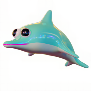Cartoon dolphin with iridescent body and large, expressive eyes